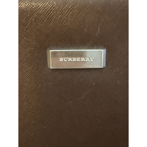 Burberry Logo Plate Saffiano Clutch Wristlet Bag Brown